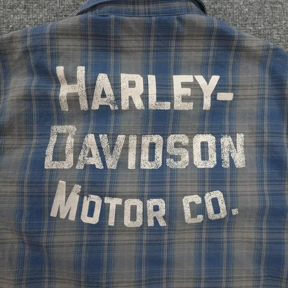 Harley Davidson Shirt Mens Medium Blue Plaid Graphic Motorcycle Biker Mechanic - Picture 7 of 10